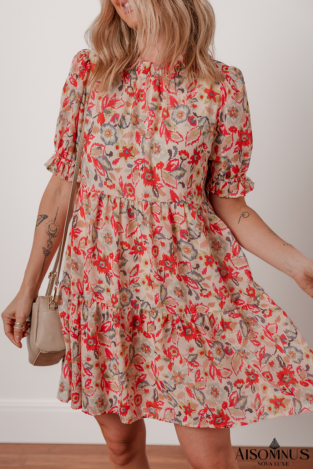 Multicolour Floral Print Frilled Neck Puff Sleeve High Waist Dress