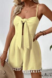 Yellow Cream Spaghetti Strap Fringed Hem Romper