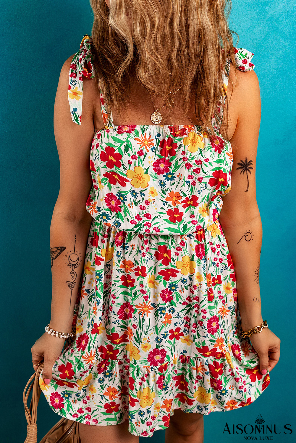 Red Floral Print Knotted Strap Cinched Waist Ruffle Hem Mini Dress