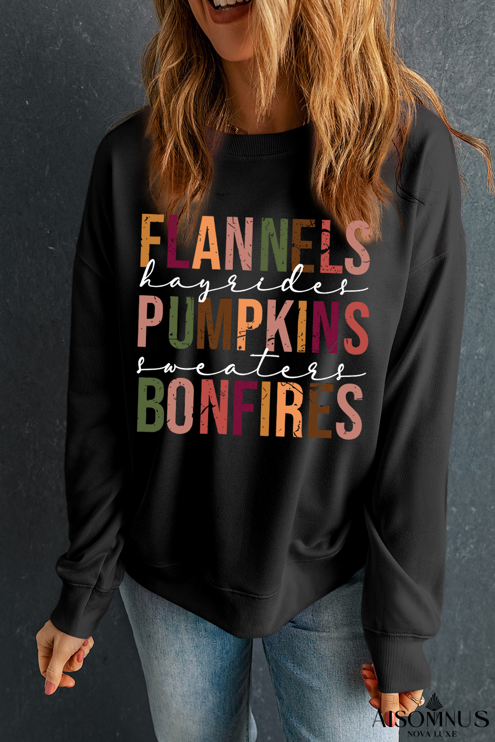Black FLANNELS PUMPKINS BONFIRES Graphic Sweatshirt