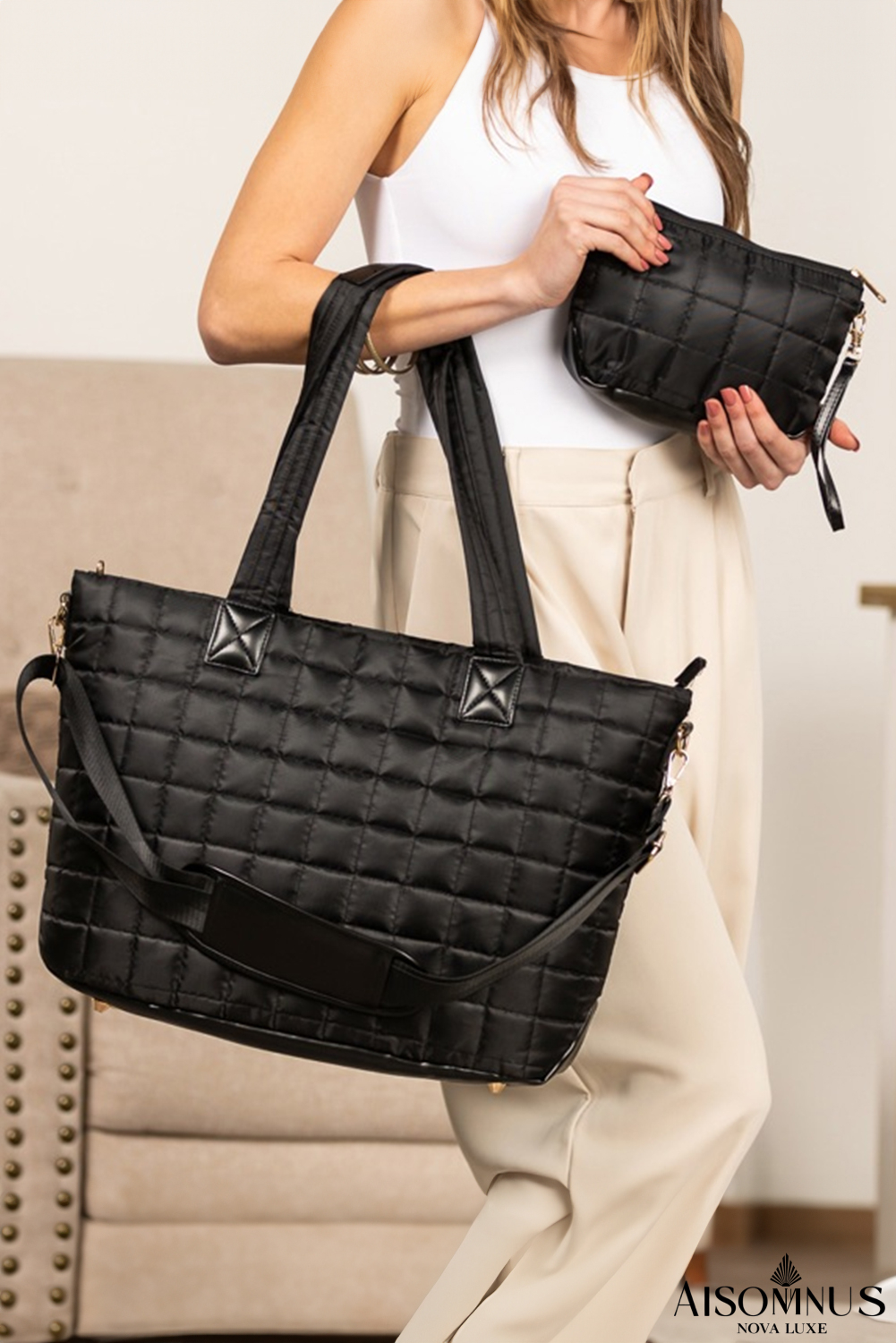 Black Quilted Patchwork Large Tote Bag and Clutch 2pcs Set