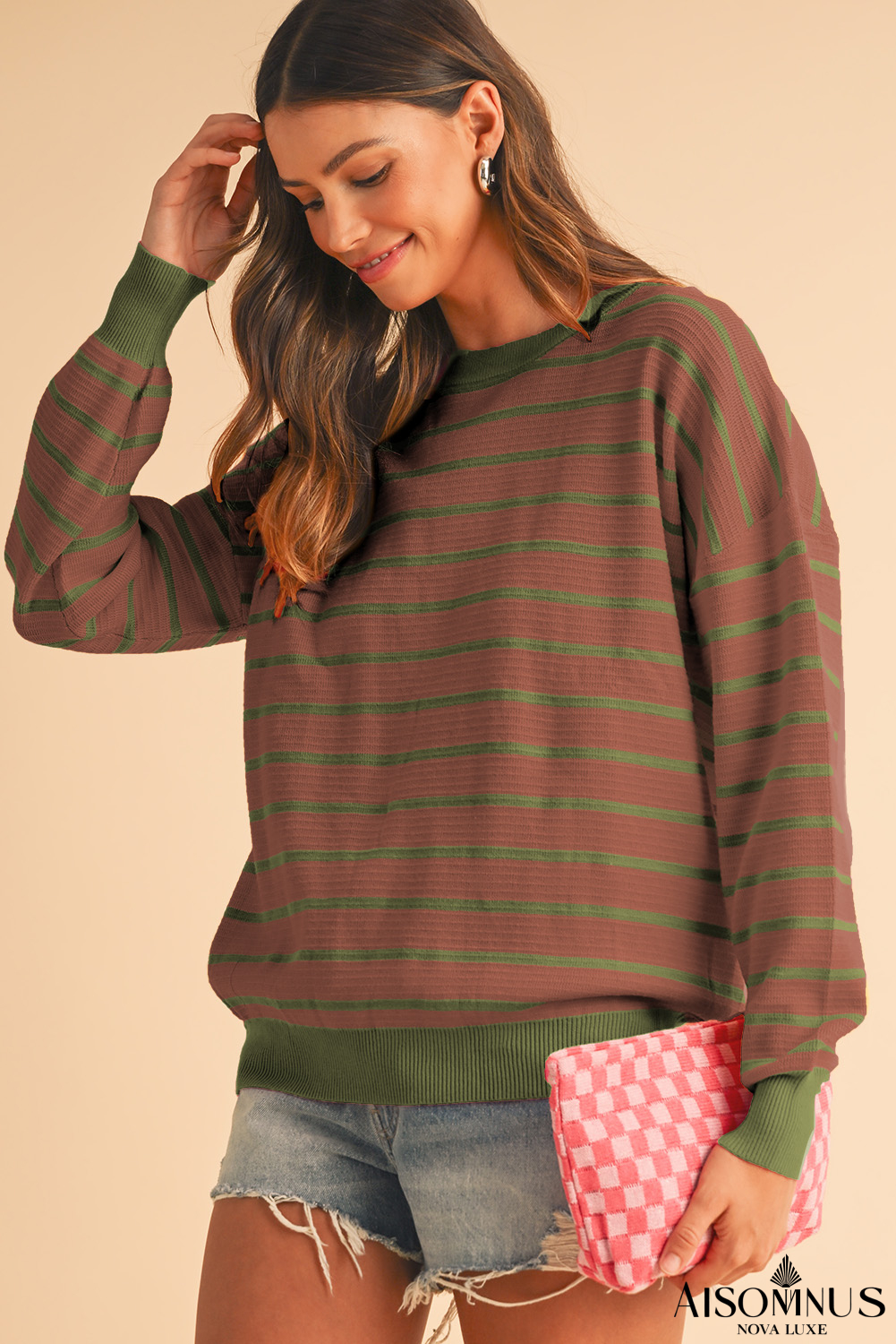 Brown Stripe Round Neck Drop Shoulder Loose Sweater