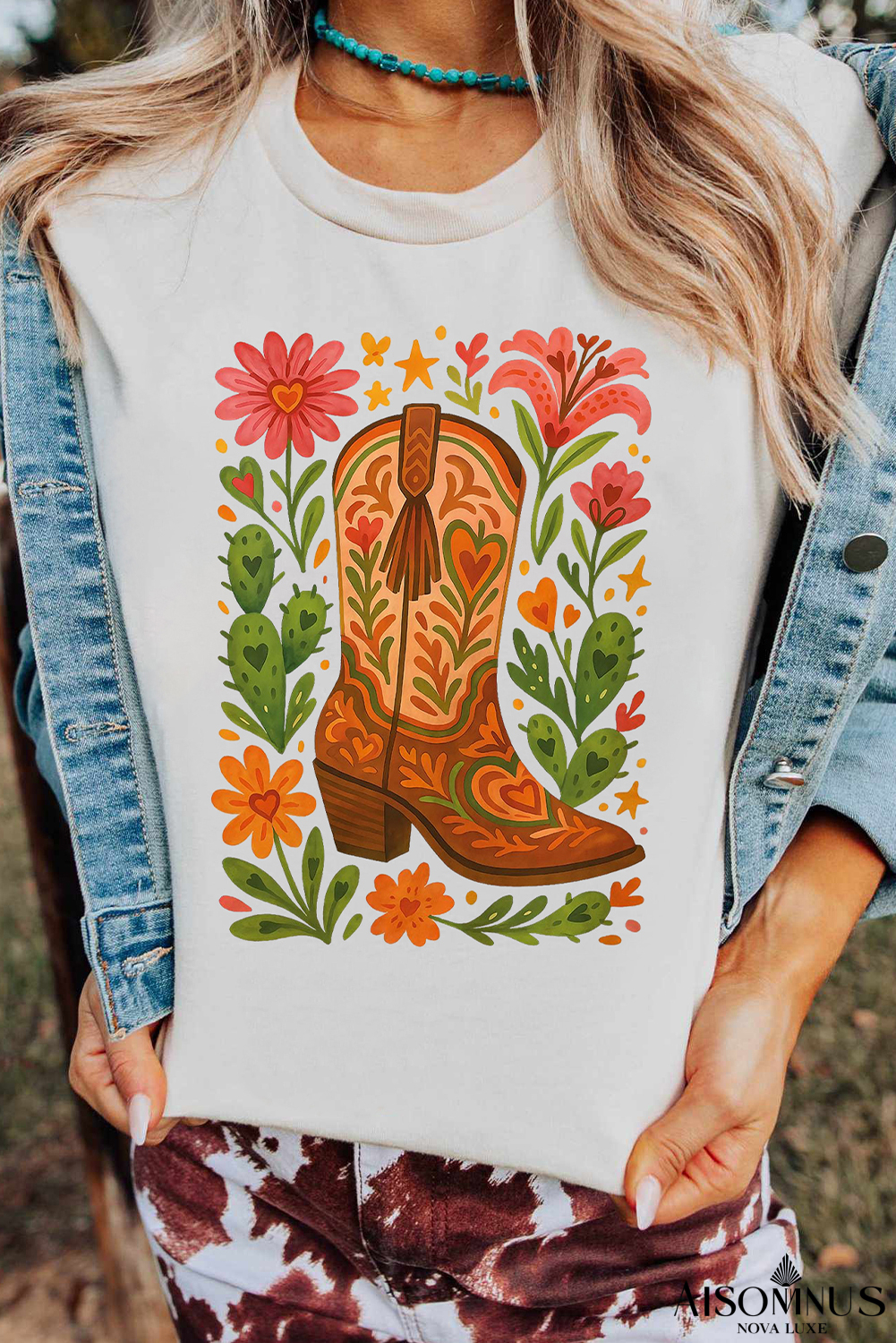 White Floral Boots Printed Casual Cotton Blend T Shirt