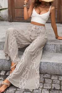 Beige Boho Ethnic Print Knot Waist Wide Leg Pants