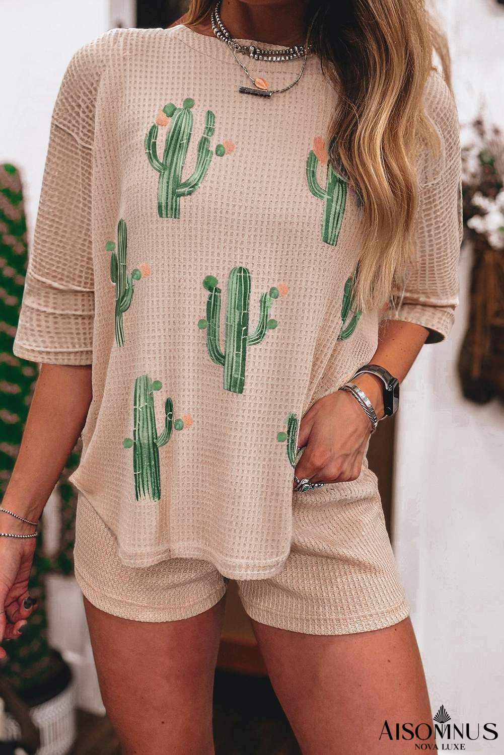 Light French Beige Cactus Graphic Waffle Half Sleeve Tee and Shorts Set