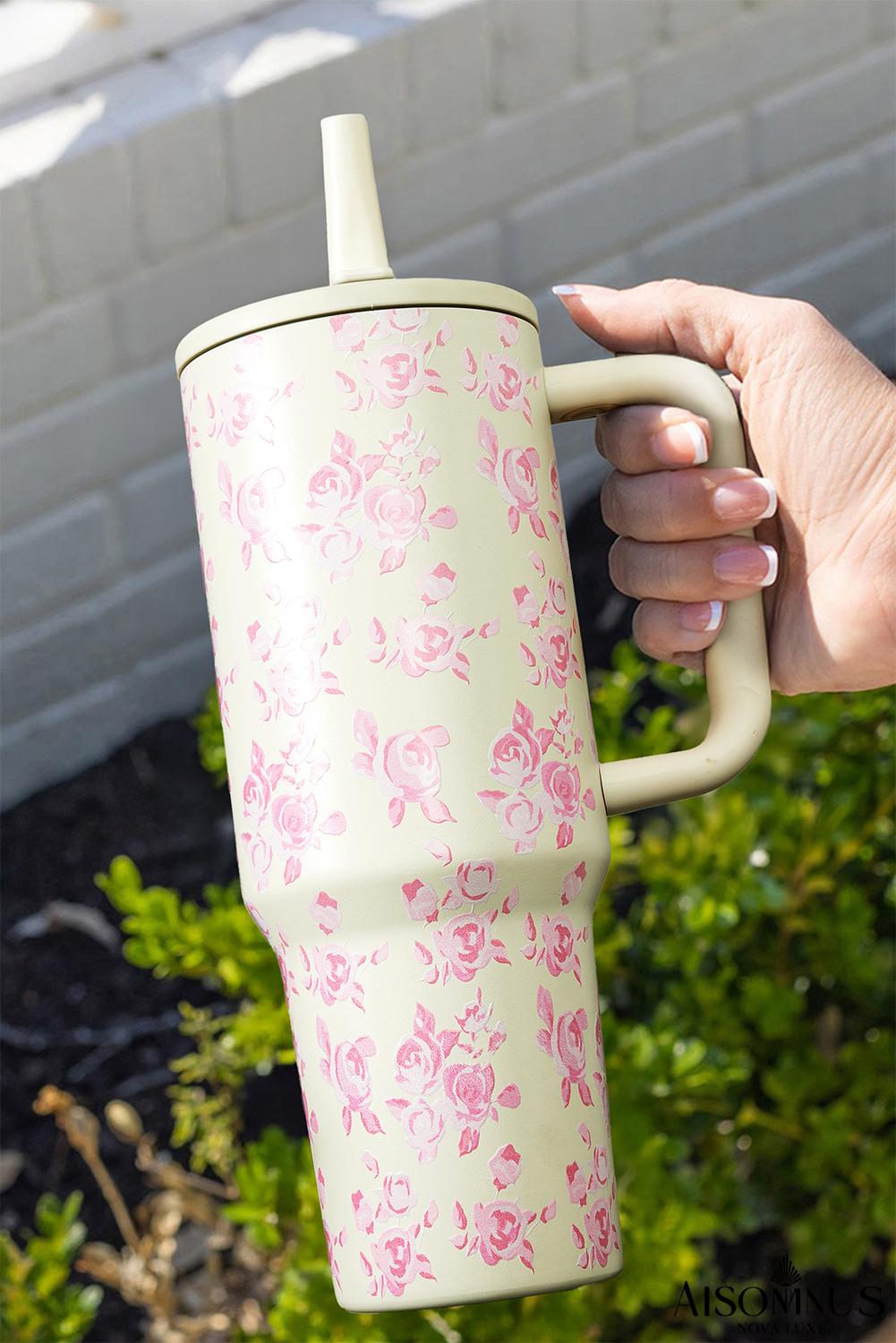 White Flower Print Handle Insulated Large Tumbler