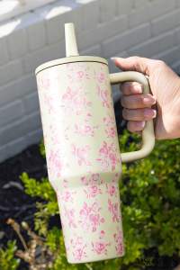 White Flower Print Handle Insulated Large Tumbler