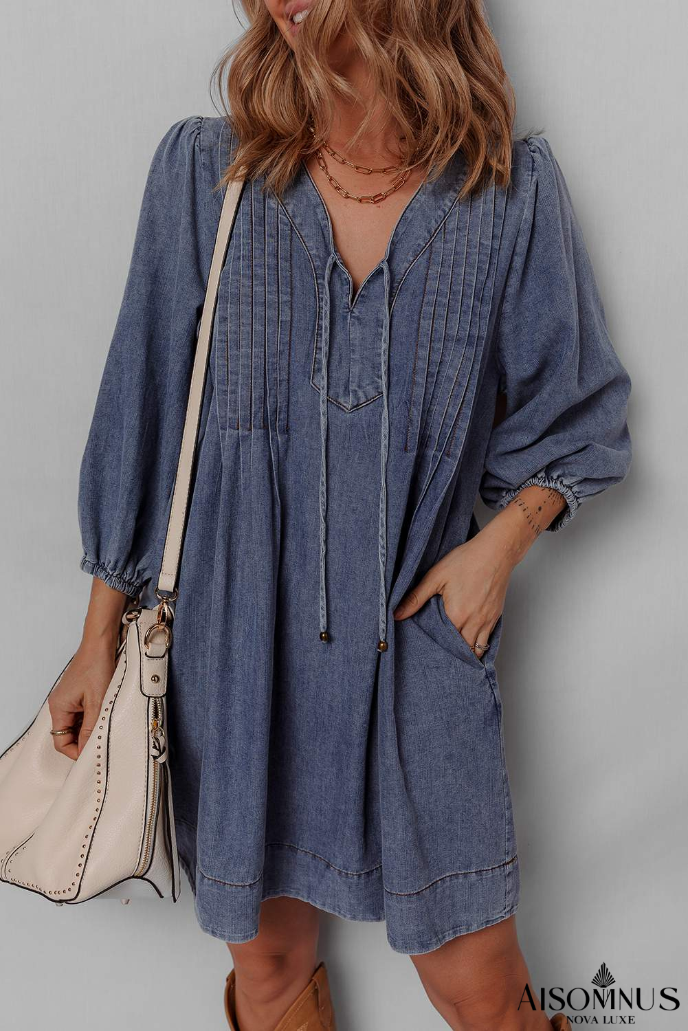 Sail Blue Pleated V Neck 3/4 Sleeve Denim Mini Dress