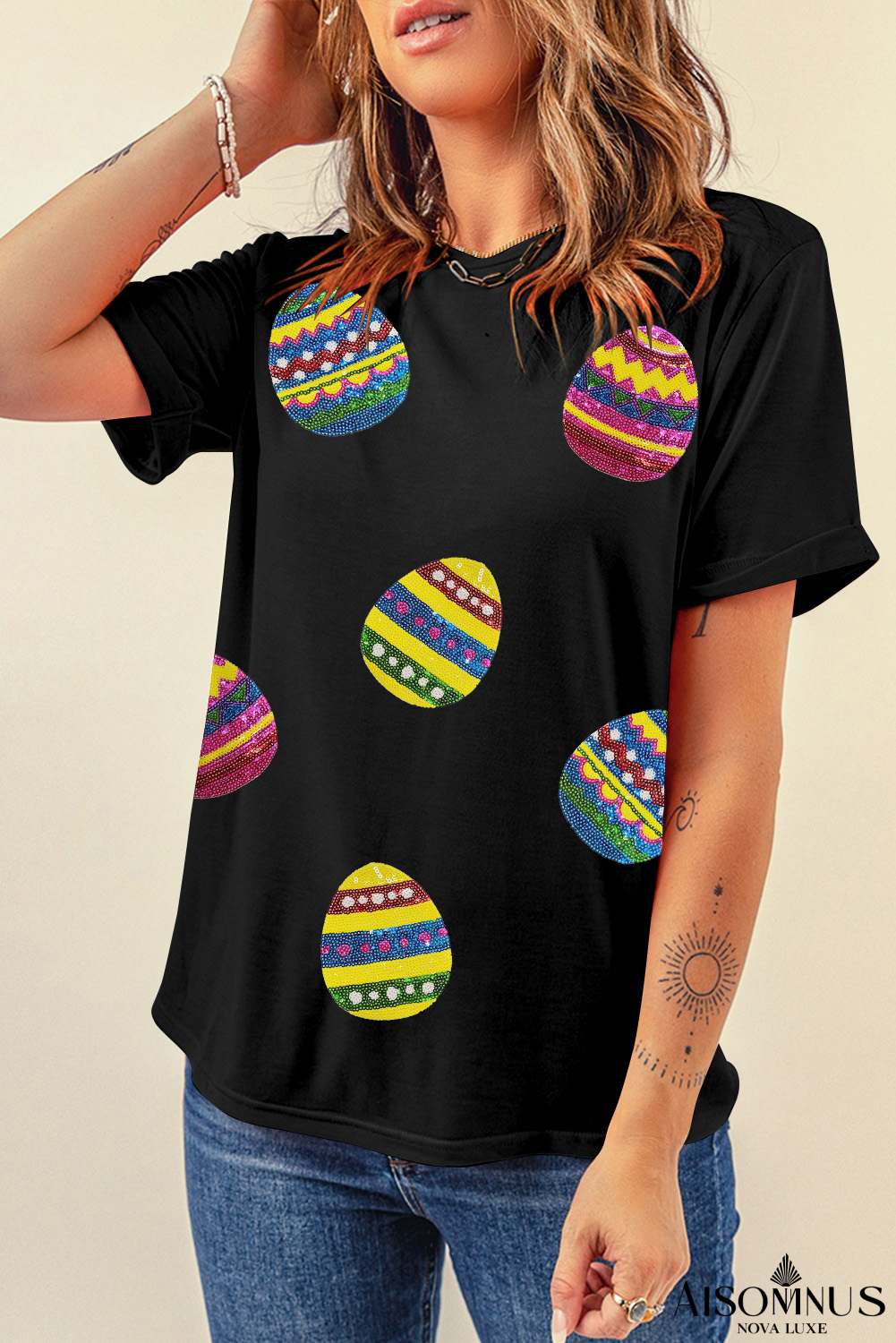 Black Easter Sequin Eggs Graphic Round Neck T Shirt