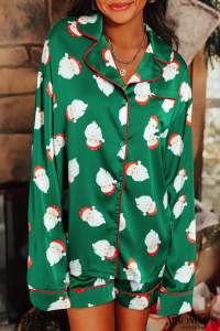 Green Christmas Santa Claus Satin Shirt and Shorts Pajama Set