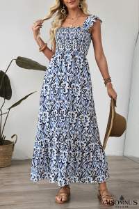 Sky Blue Boho Print Smocked High Waist Maxi Dress