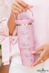 Pink Flower and Bowknot Graphic Tumbler Cup