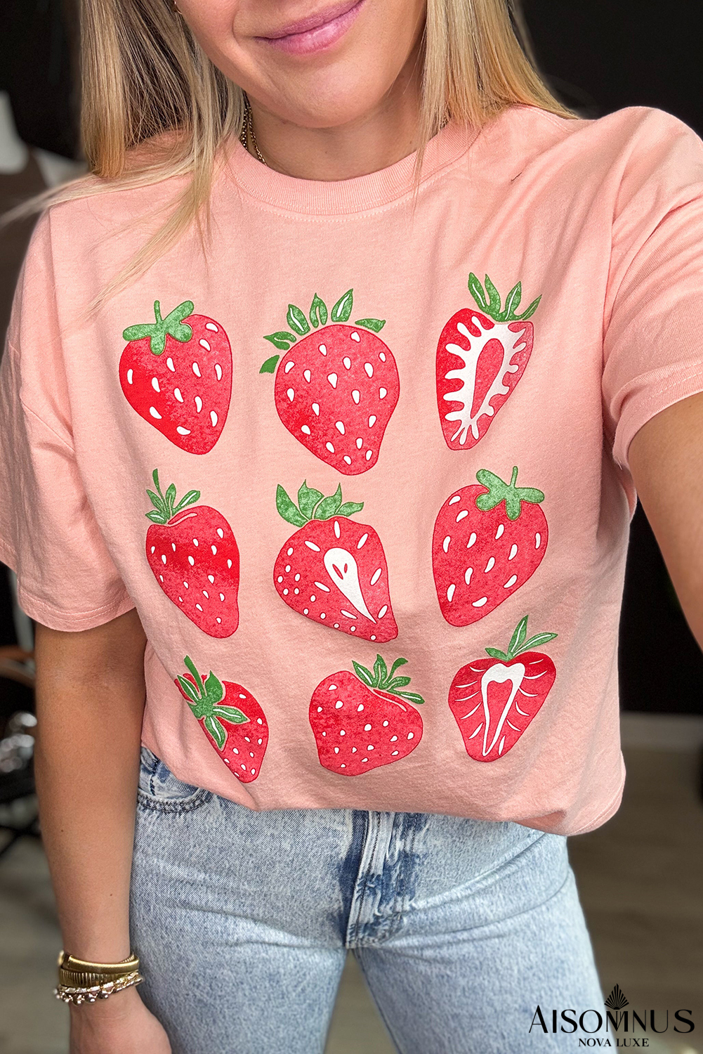Pink Strawberry Fruit Pattern Graphic Tee