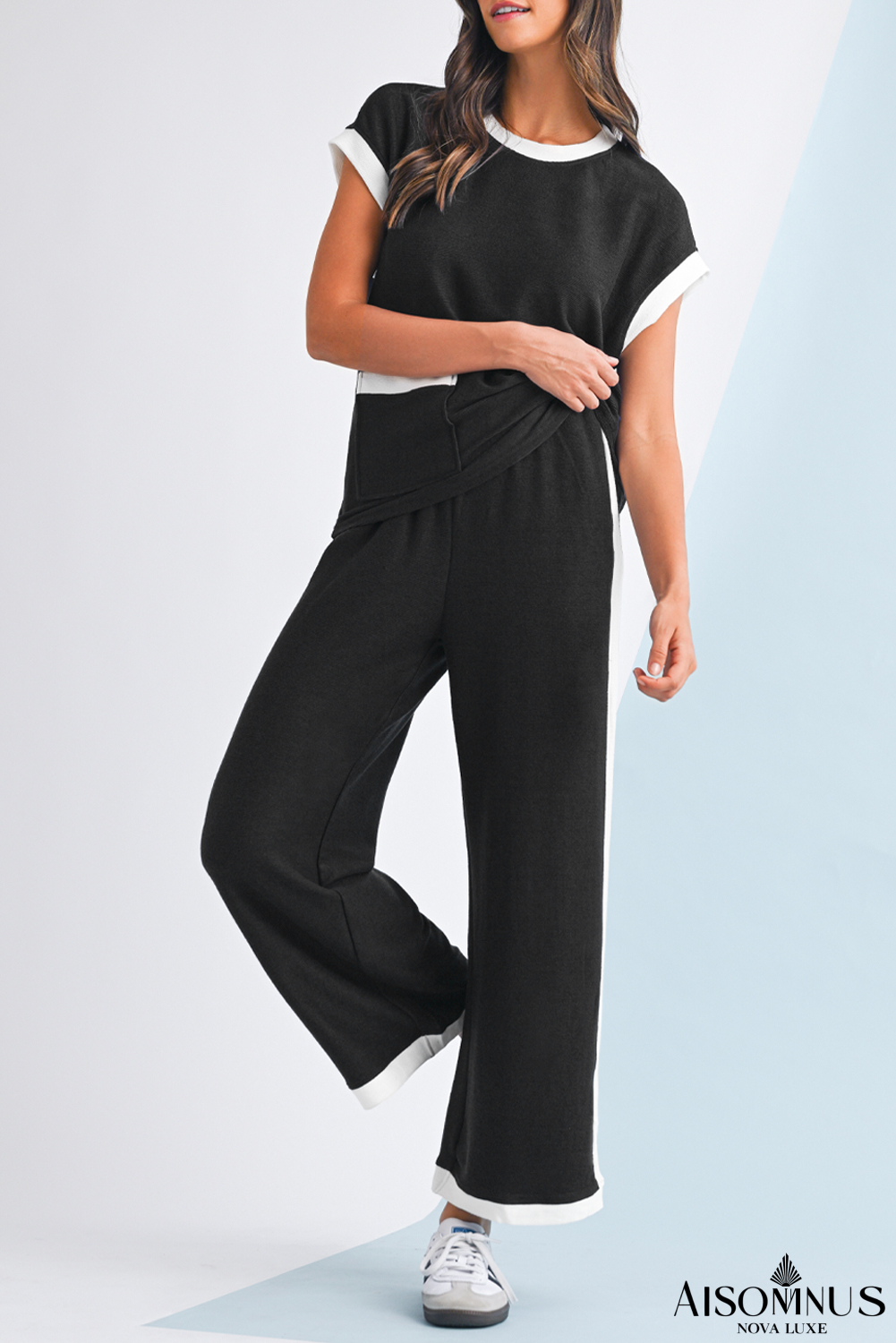 Black Contrast Trim Pocket T Shirt and Wide Leg Pants Set