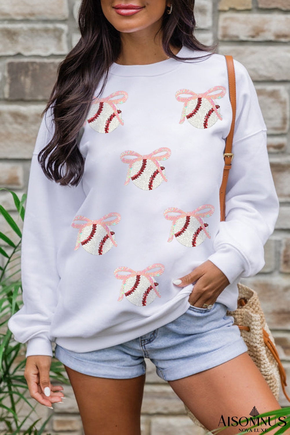 White Sequin Bow Baseball Patched Casual Sweatshirt