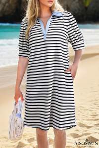 Black Stripe Collared Puff Sleeve Pocketed Mini Dress
