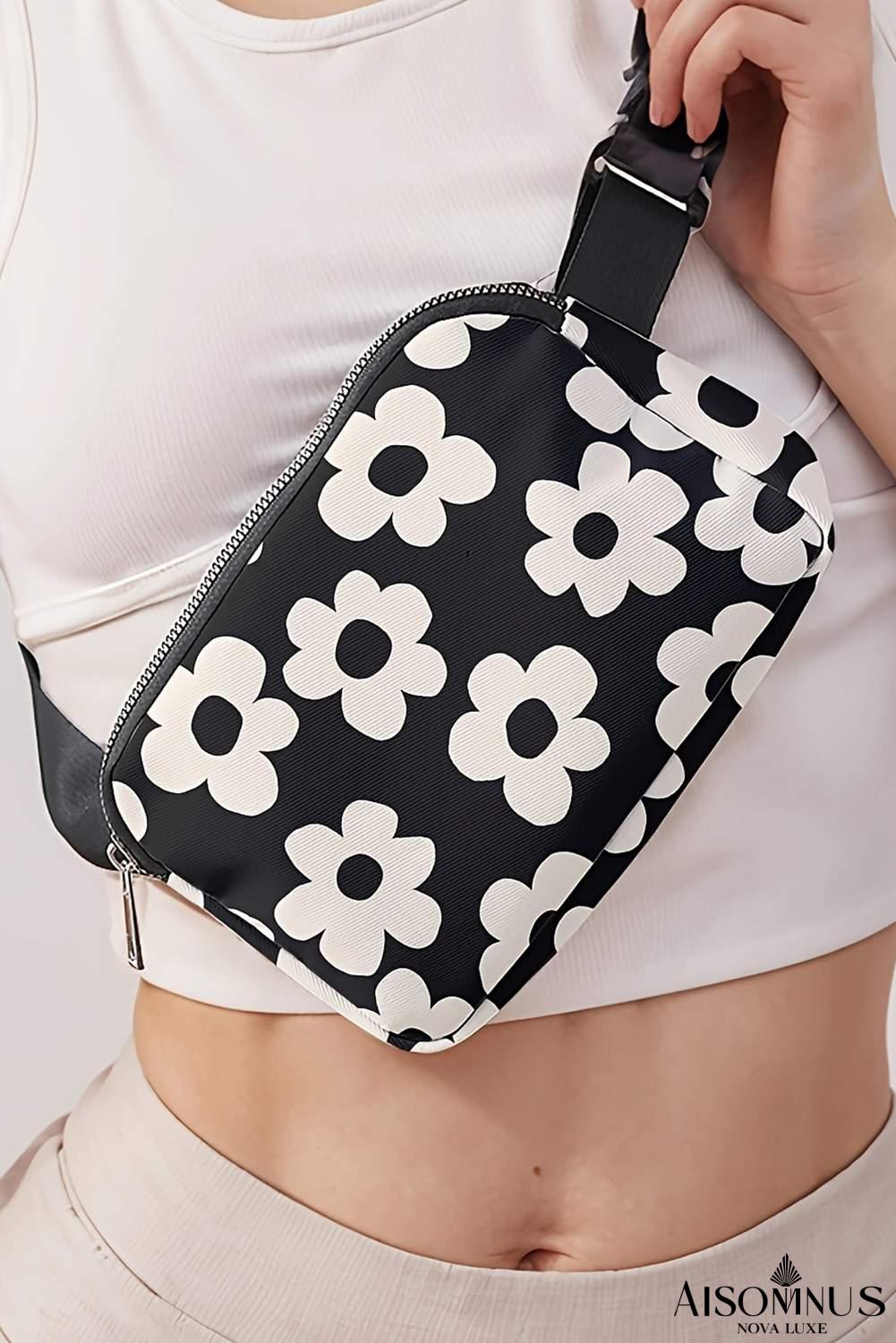 Black Floral Print Adjustable Strap Crossbody Bag