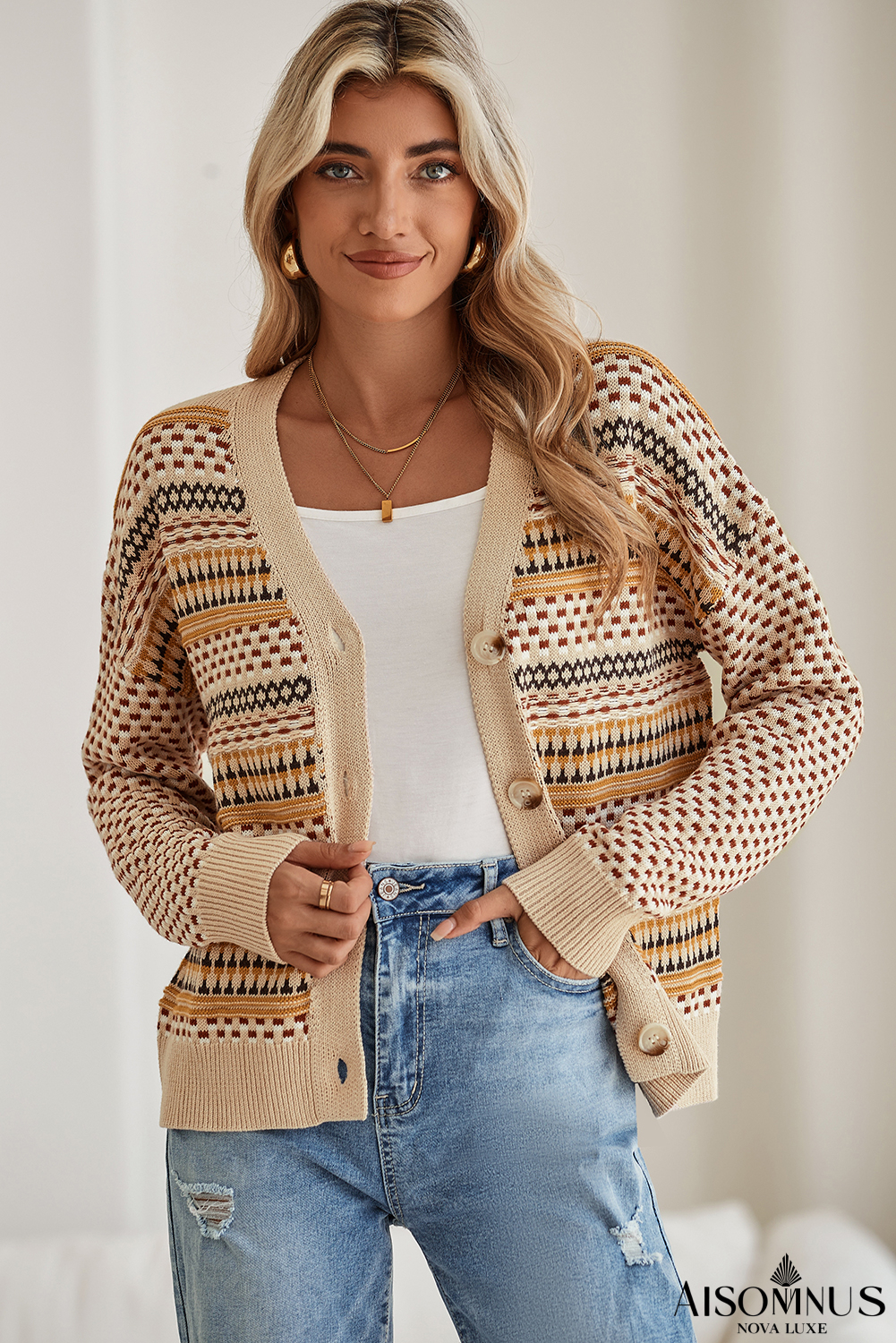 Khaki Geometric Pattern Button Front V Neck Cropped Cardigan