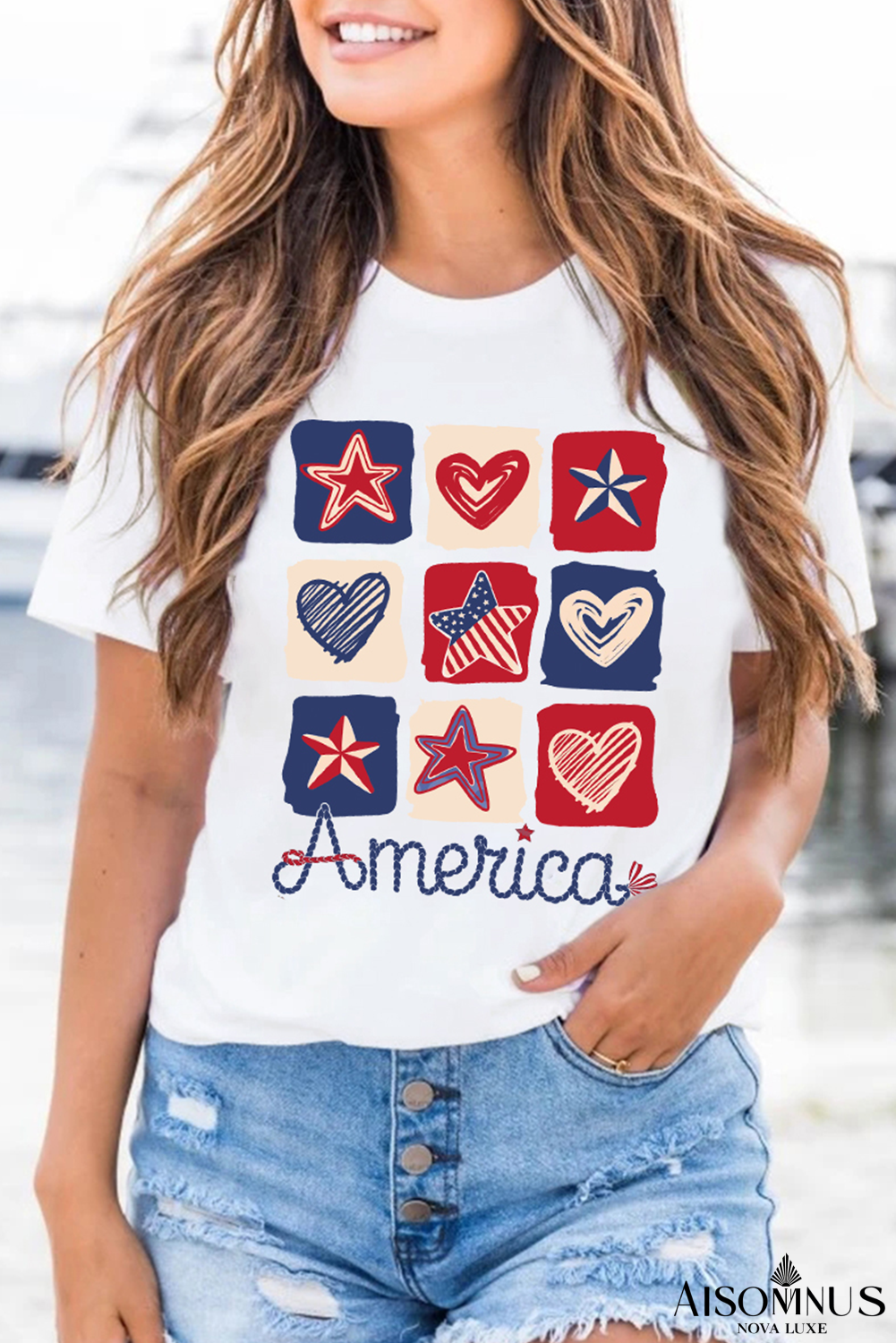 White America Heart Star Checkered Graphic Tee