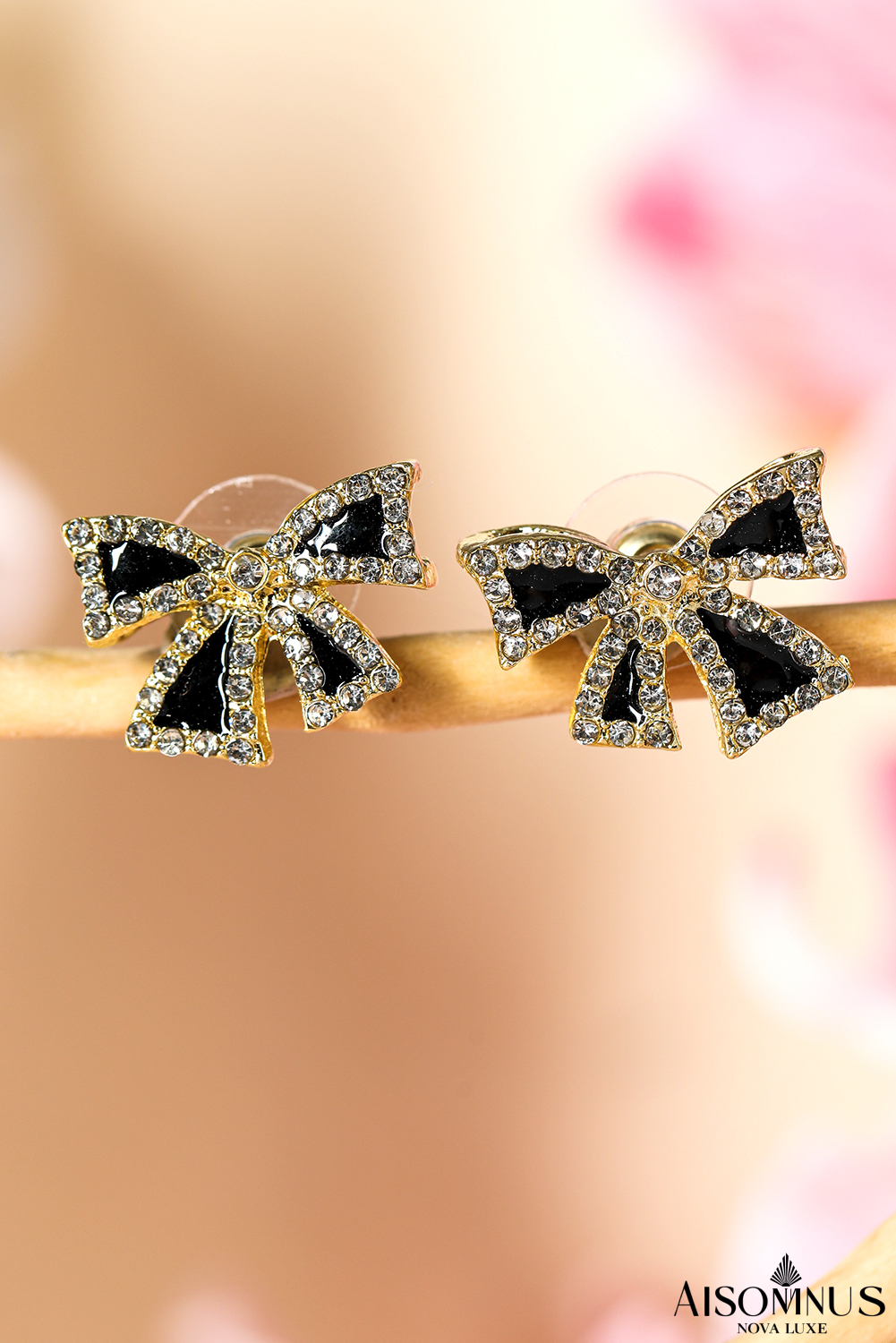 Black Rhinestone Bowknot Stud Earrings