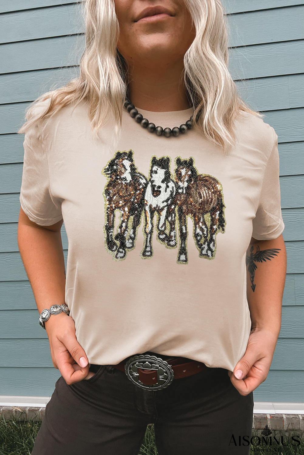 Khaki Sequin Horses Patched Casual Crewneck T Shirt