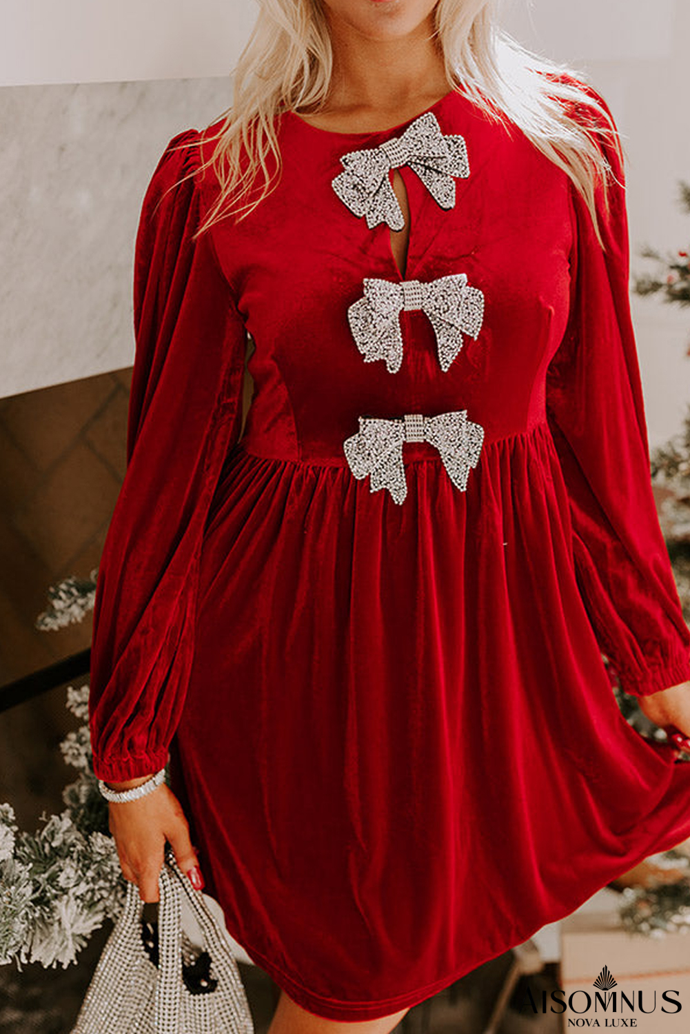Fiery Red Bowknot Decor High Waist Velvet Mini Dress
