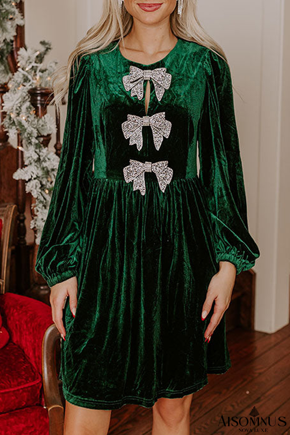 Evergreen Bowknot Decor High Waist Velvet Mini Dress