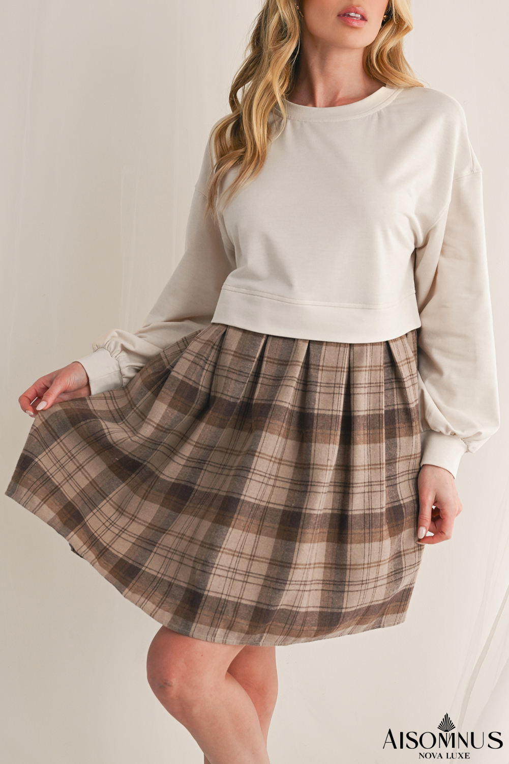 Beige Plaid Patchwork High Waist Sweatshirt Mini Dress