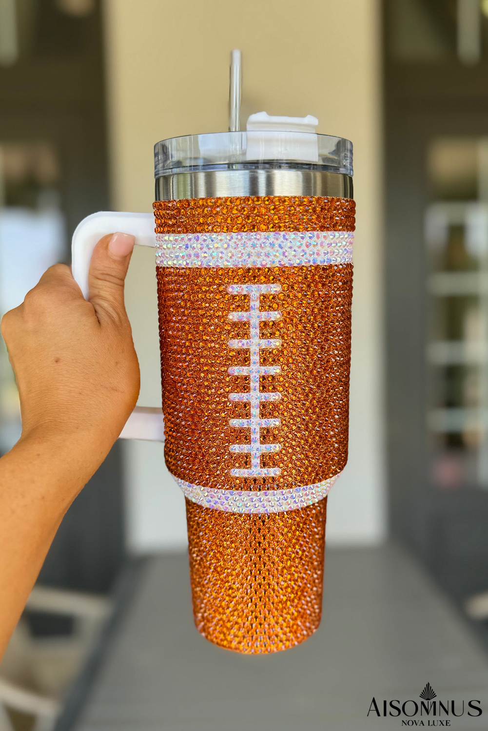 Orange 40oz Rhinestone Rugby Football Handle Vacuum Cup