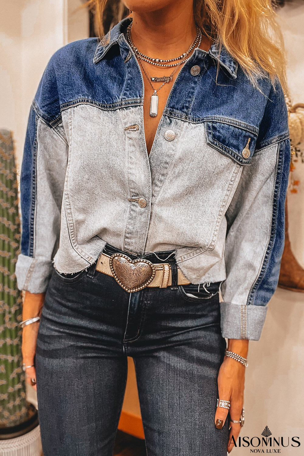 Dusk Blue Patchwork Flap Detail Distress Denim Jacket