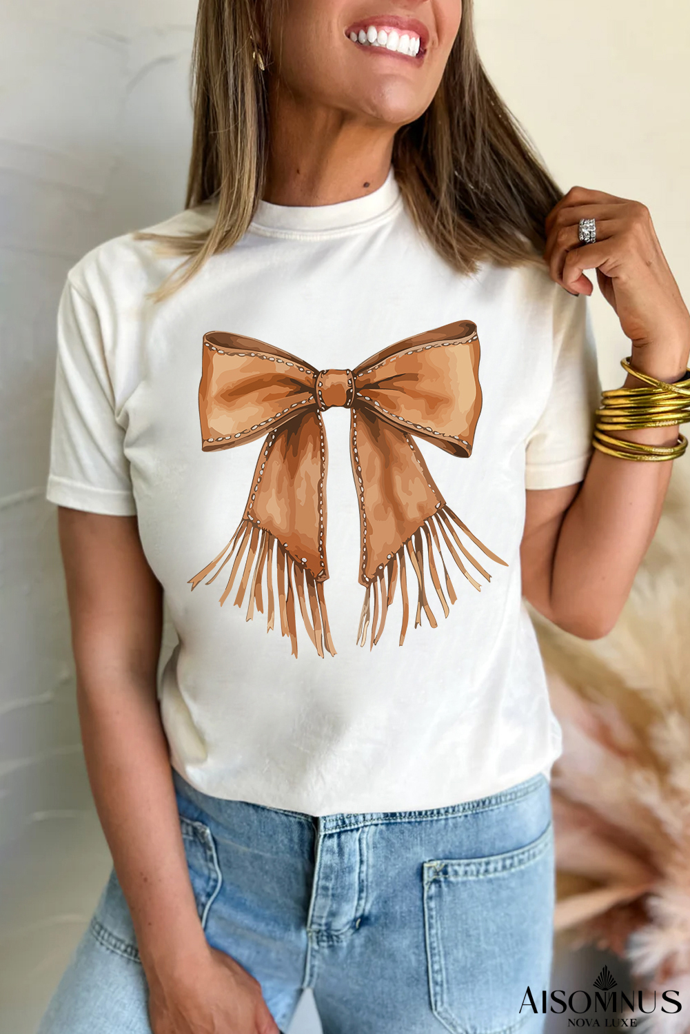 White Tassel Bowknot Print Round Neck Western Fashion T Shirt