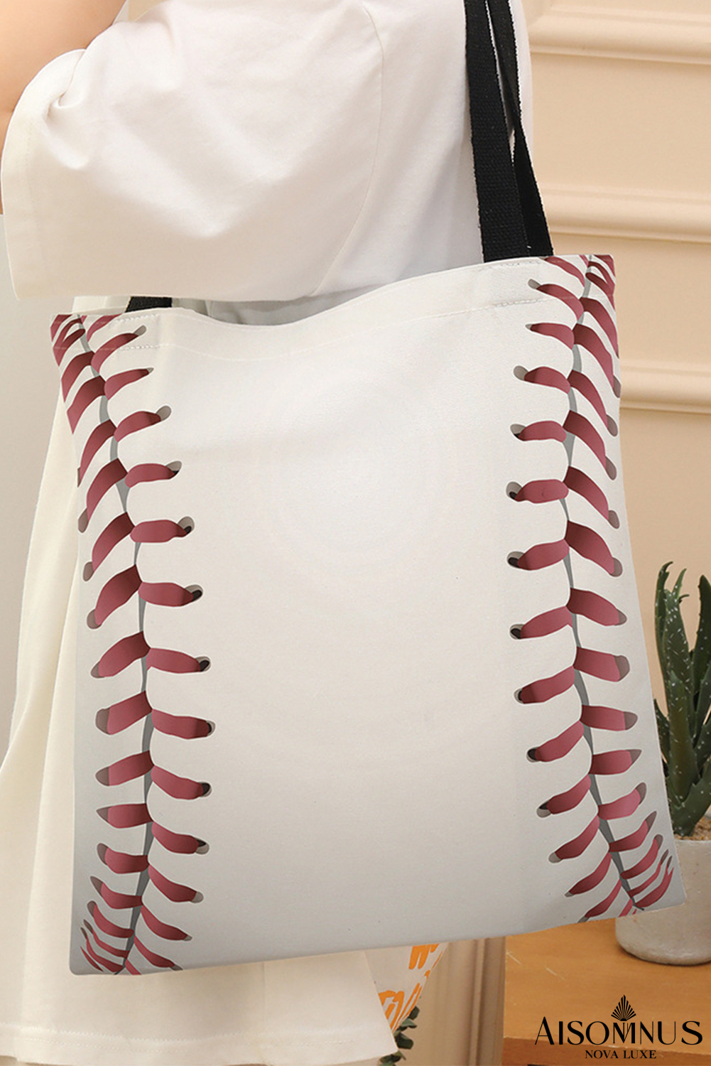 White Baseball Print Canvas Tote Bag