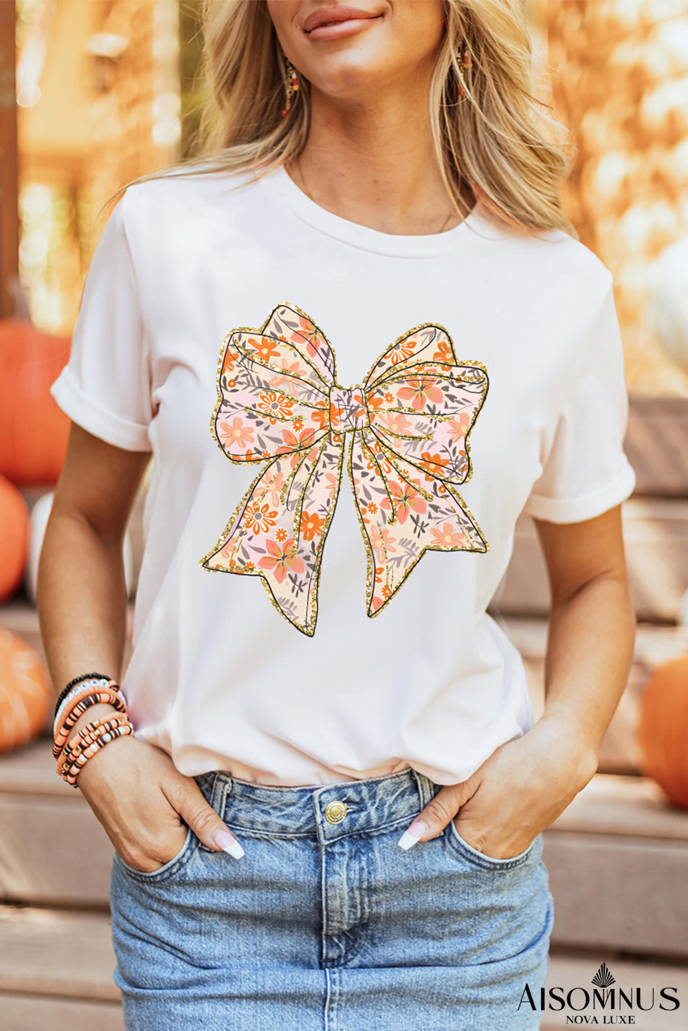 White Glitter Trim Floral Bow Print Cotton Blend T Shirt