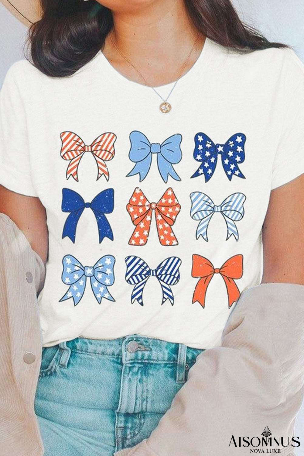 White Stars and Stripes Bowknot Graphic Crew Neck Tee
