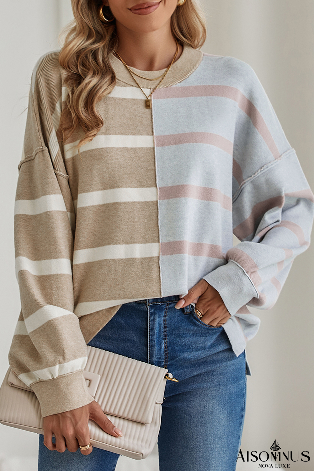 Khaki Stripe Exposed Seam Loose Sweater
