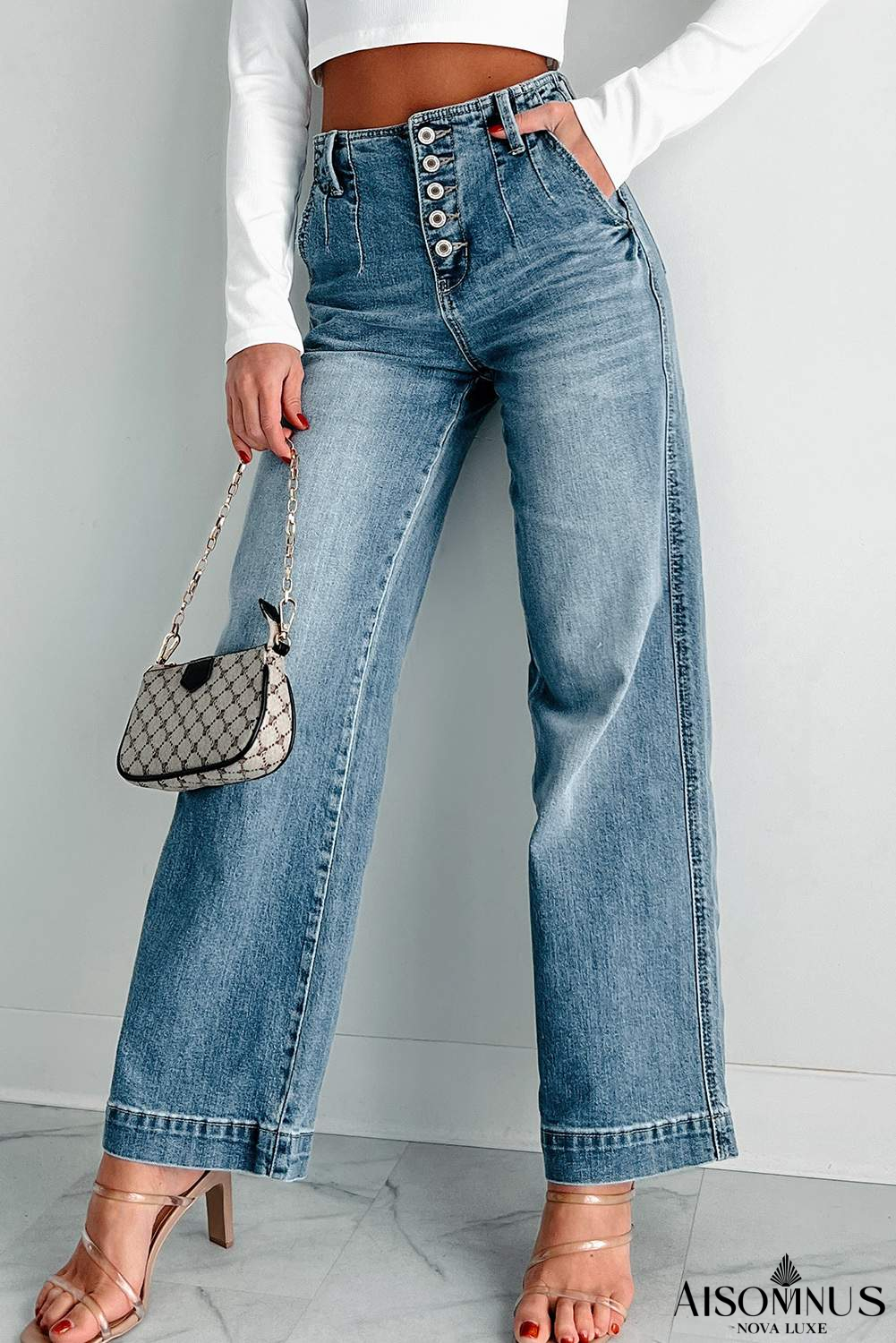 Dusk Blue Multi Button Waist Wash Straight Leg Jeans