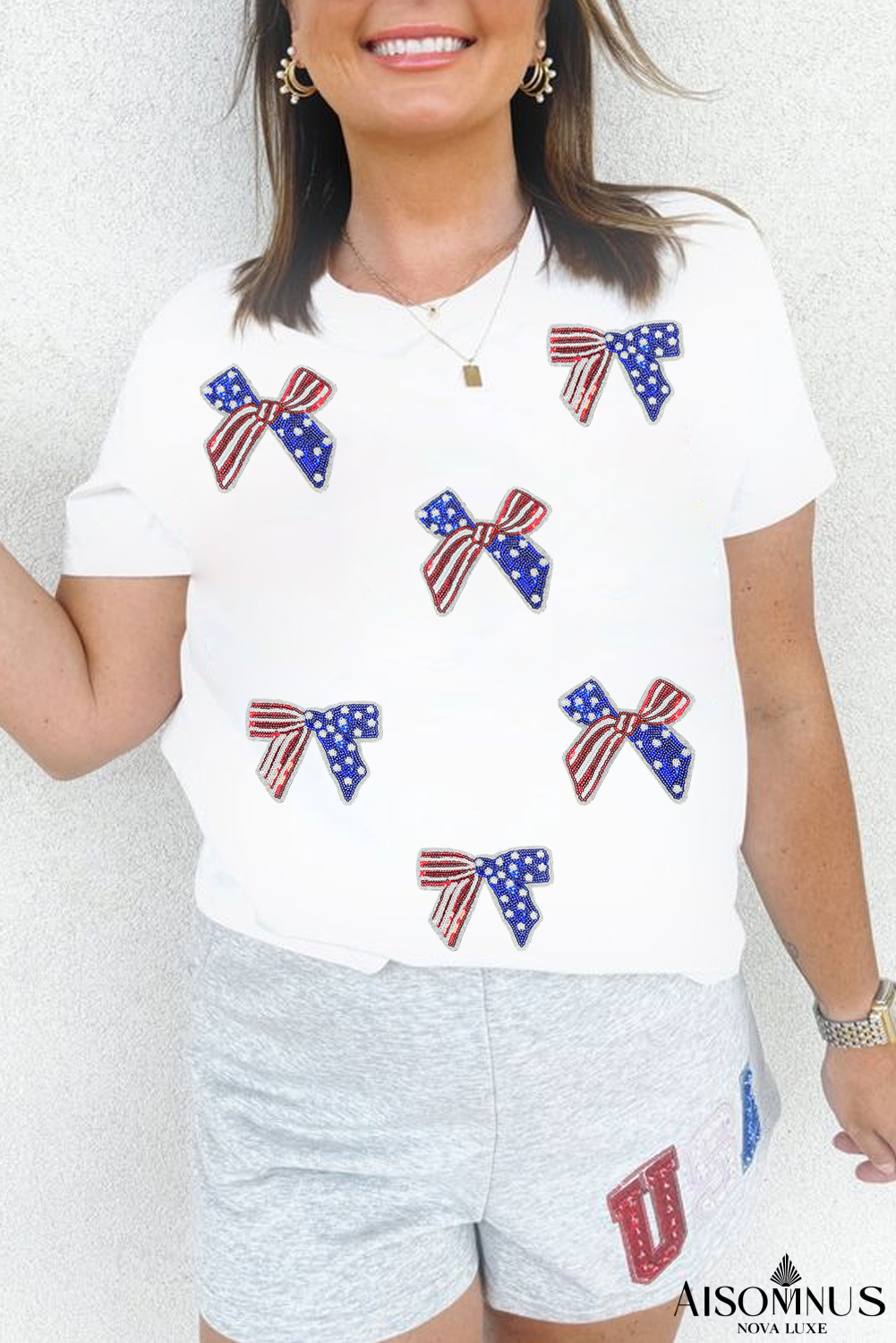 White Sequin Flag Bow Pattern Crew Neck Patriotic Tee