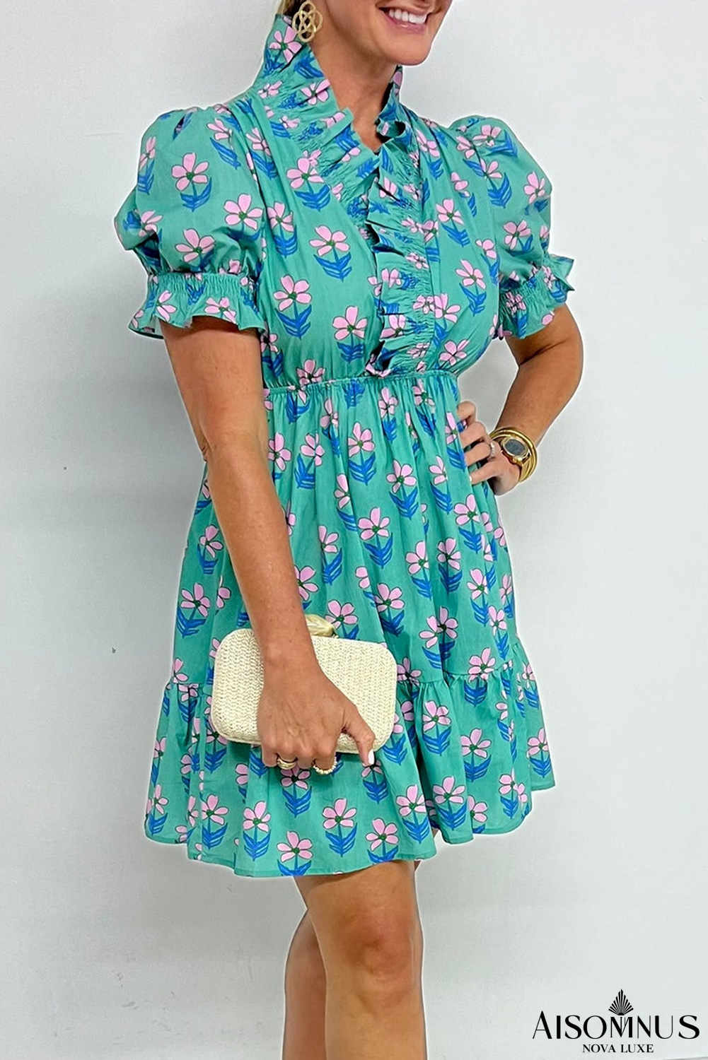 Green Floral Print Frilly Smocked High Waist Mini Dress