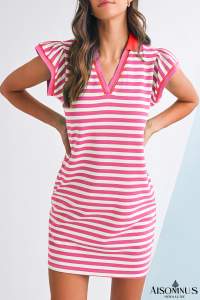 Sachet Pink Striped Ruffle Short Sleeve Pop of Color Neckline Dress