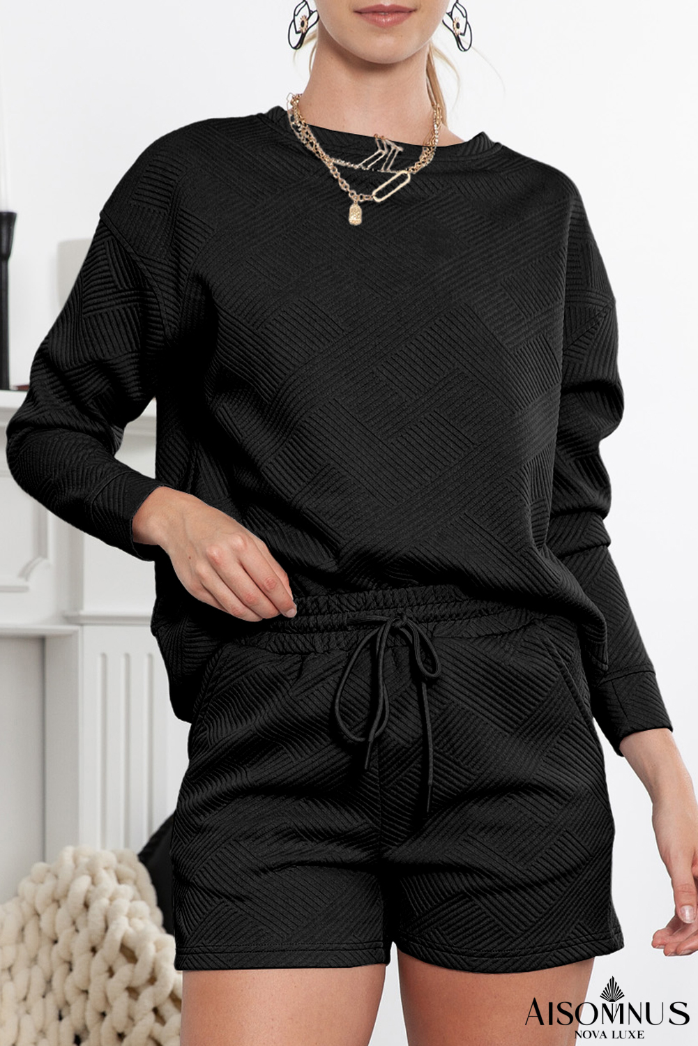 Black Textured Long Sleeve Top & Drawstring Shorts Set