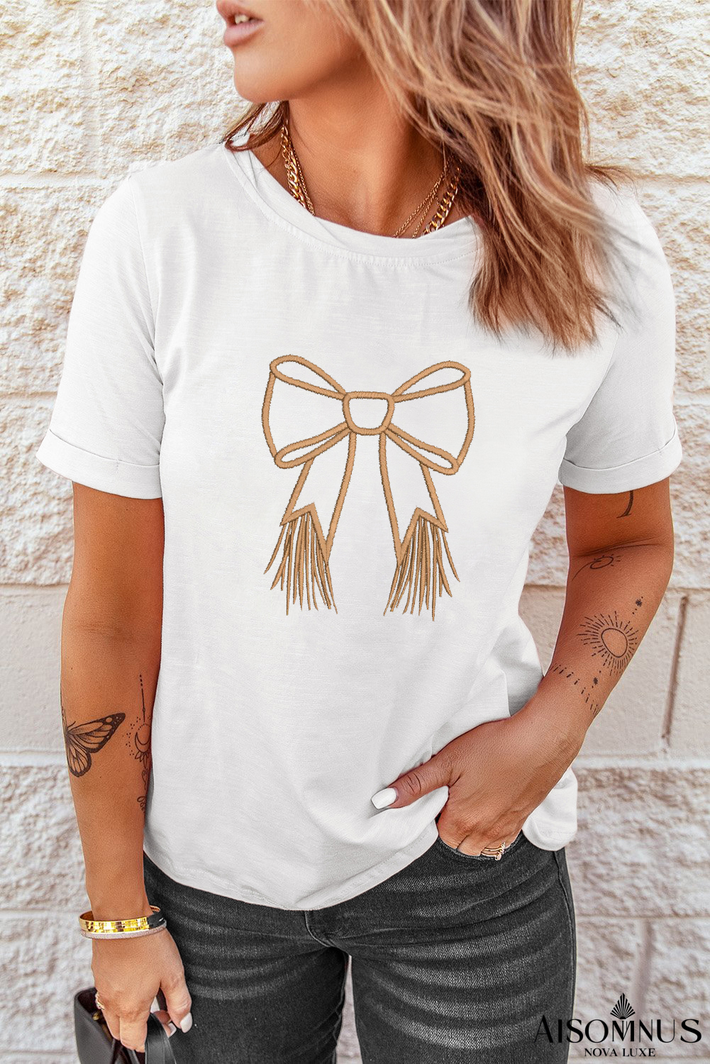 White Tassel Bowknot Embroidered Graphic Print Round Neck T Shirt