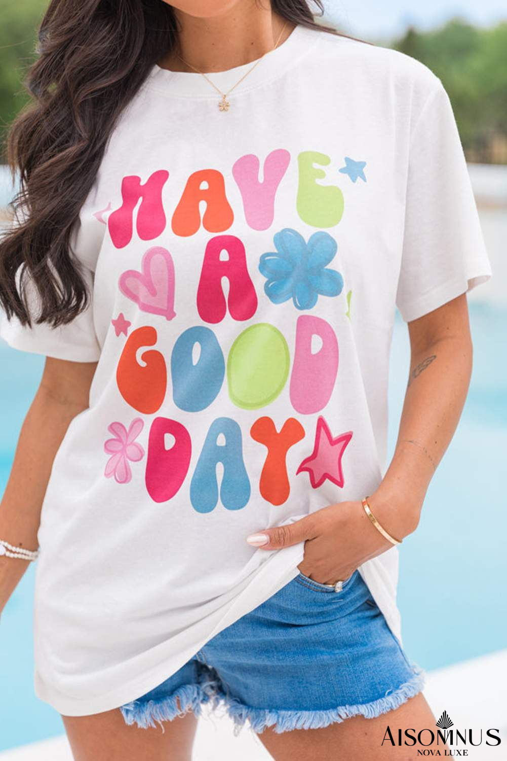 White HAVE A GOOD DAY Print Graphic Casual Tee
