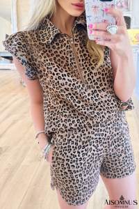 Brown Leopard Half Zipper Collared Ruffle Sleeve Top and Shorts Set