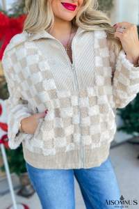 Khaki Checkered Sherpa Corduroy Patchwork Zip-up Collared Jacket