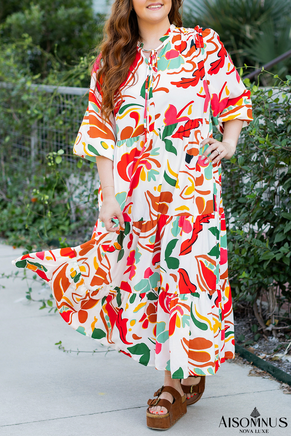 Orange Abstract Tie V Neck Tiered Plus Size Dress