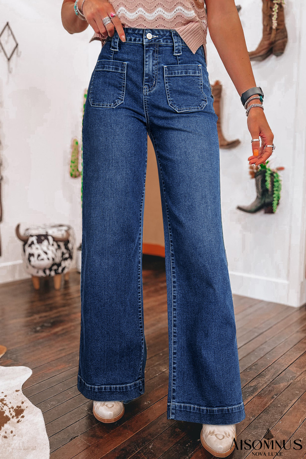 Sail Blue Wide Leg Pocketed High Waist Jeans