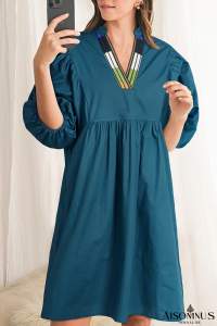 Blue Sapphire Puff Sleeve Pleated Pop of Color Neckline Dress