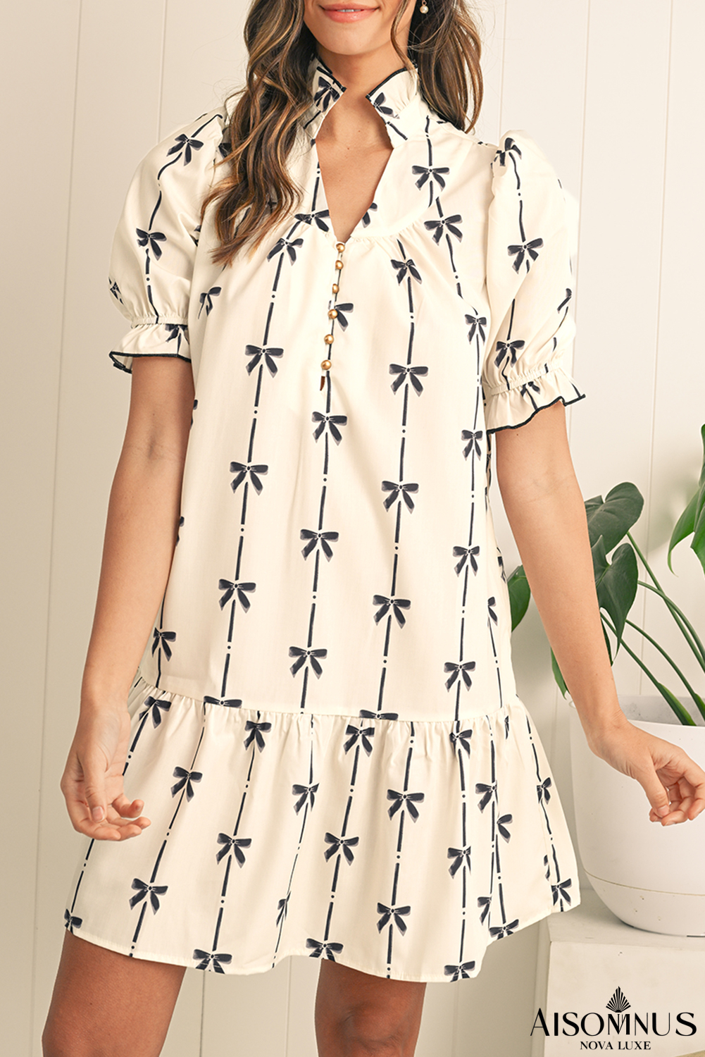 Beige Cute Bowknot Printed Bubble Sleeve V Neck Mini Dress