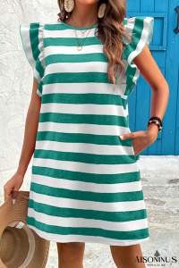 Green Stripe Flutter Sleeve Round Neck Shift Mini Dress