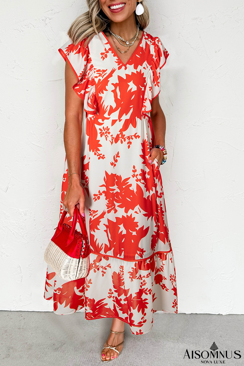 Red Floral Print Trimmed V Neck Ruffle Sleeve Maxi Dress